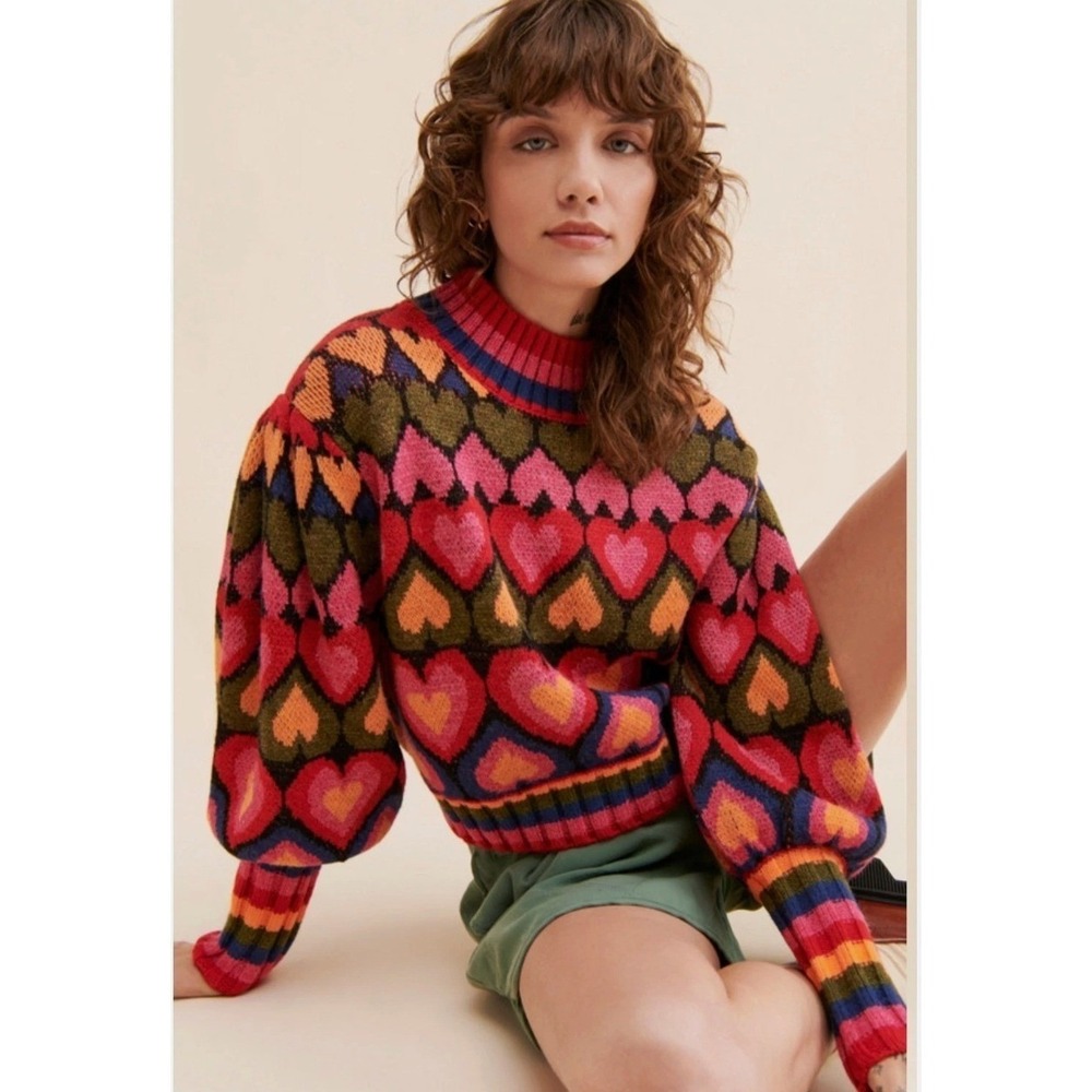 Farm Rio Full of Hearts Sweater XS Red PInk Balloon Sleeve Crop Boho Wool Blend